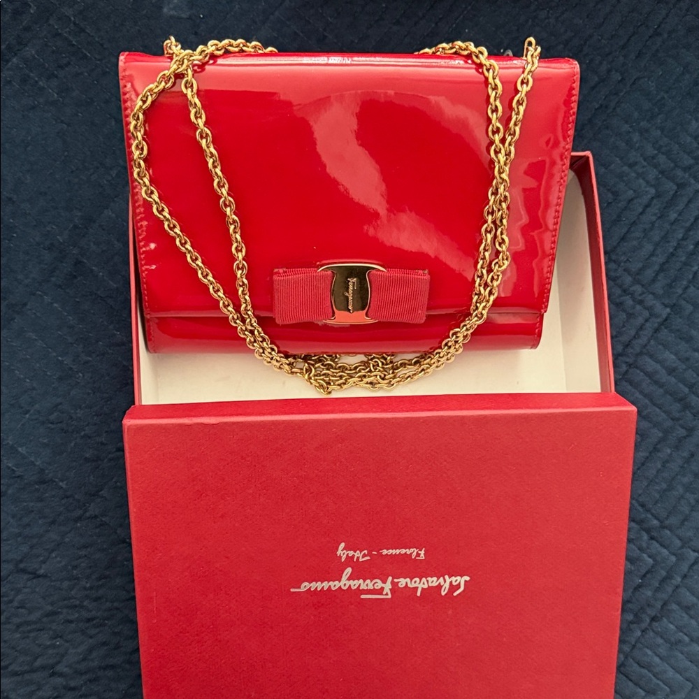 Authentic Salvatore Ferragamo Red Patent Leather Clutch with Gold Chain